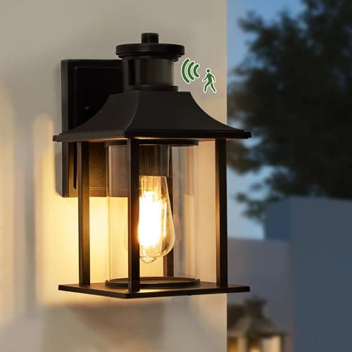 Image of LMP Outside Lights with Motion Sensor, PIR Outdoor Wall Light Mains Powered Retro Dusk Till Dawn Porch Front Door Down Lantern, Black LED External Exterior Security Sconce(E27 Bulb Included)