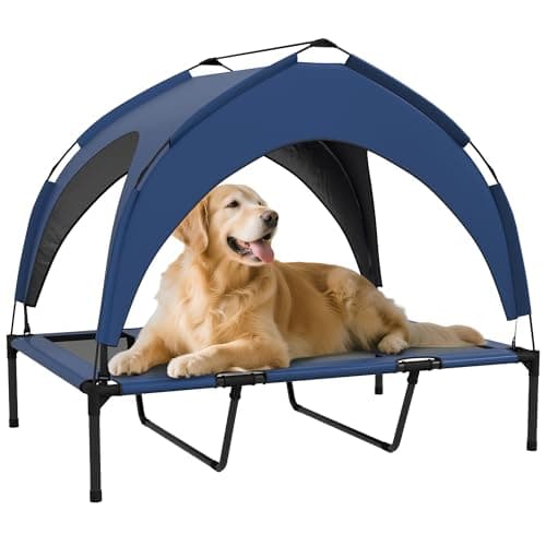 Image of PawHut Cooling Raised Dog Bed, Elevated Pet Bed with Breathable Mesh, UV Protection Canopy, Foot Pads, for Indoor Outdoor, Large Dogs, 106 x 76 x 94cm - Dark Blue