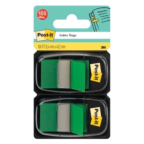 Image of Post-it Index Flags, Medium, Green, 2 Dispensers 25.4 mm x 43.2 mm, 100 Flags - to Mark, Highlight or Color Code Important Information