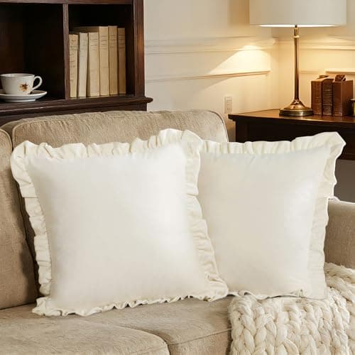 Image of GIGIZAZA Velvet Cushion Covers Pack of 2 45x45 CM Square Ivory Pillow Covers with Ruffle Edges Sofa Cushions Living Room Premium Soft Throw Covers Bedroom Decorative Pillowcase