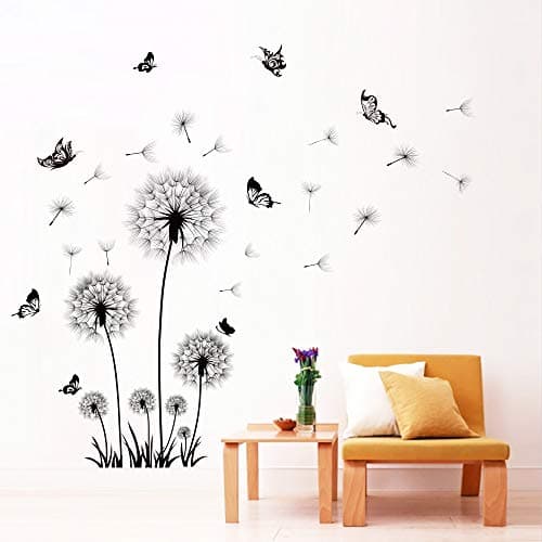 Image of Runtoo Black Dandelion Wall Decals Flower Butterfly Wall Stickers for Living Room Bedroom Home Decoration Wall Décor