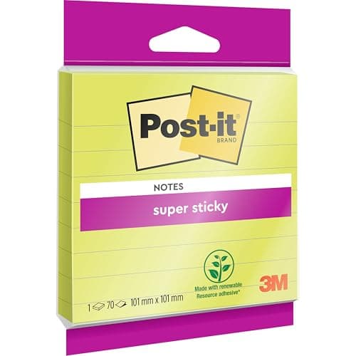 Image of Post-it Super Sticky Large Notes, Lined, 70 Sheets, 1 Pad, 101 mm x 101 mm - Holds Strong to Many Surfaces - for Walls, Monitors and Fridge, Recycable