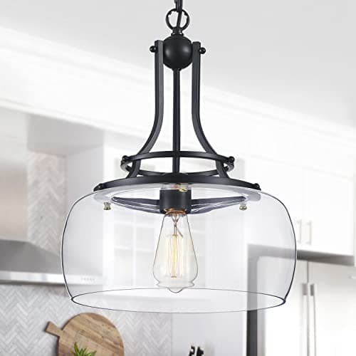 Image of WUZUPS Chandelier Rustic Farmhouse Industrial Round Ceiling Pendant LED Light Fixture with Clear Glass Shades for Dining Room Kitchen Island Foyer Entryway, H 43 x W 34, E27 Base, Black
