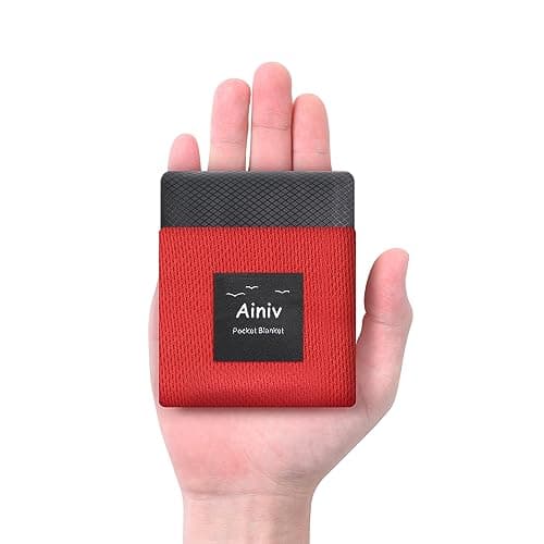 Image of Ainiv Picnic Blanket, Mini Pocket Beach Mat 110 x 140 cm (2-3 People) Foldable, Lightweight Waterproof Sand Free, Foldable Thin Ground Sheet for Outdoor Camping Hiking Travel - Red