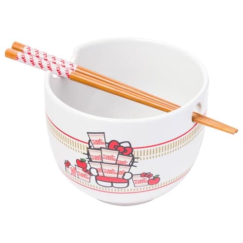 Image of Silver Buffalo Hello Kitty Nissin Ceramic Ramen Bowl with Chopsticks, 20 Ounces