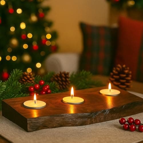 Image of Marco Paul Wooden Tea Light Candles Holder to Hold 3 Tealights - Mango Wood Autumn Tea Light Holder for Christmas Table Centrepiece, Dinner Tables Weddings & Home Decoration