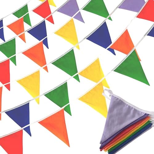 Image of Quirki Fabric Bunting Rainbow Multicolour Banner Garland 40ft Cotton Triangle Flags for Indoor Outdoor Garden BBQ Birthday Party Decorations (Rainbow)