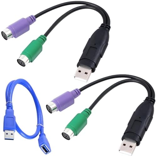 Image of ZHUROUPU PS2 to USB Adapter for Keyboard & Mouse with Cable, Dual PS2 Female to USB Male Y Splitter Converter Cable, 2 In 1 Adapter Cord Support for KVM Switch with USB Extension Cord (Purple & Green)