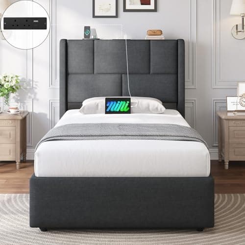 Image of Brinlawb 3ft Ottoman Single Bed Frame with Hydraulic Lift-Up Storage, Upholstered Bed Frame Single with Height-Adjustable Headboard & Charging Station, Ample Under-Bed Storage Space, 90x190 cm, Grey