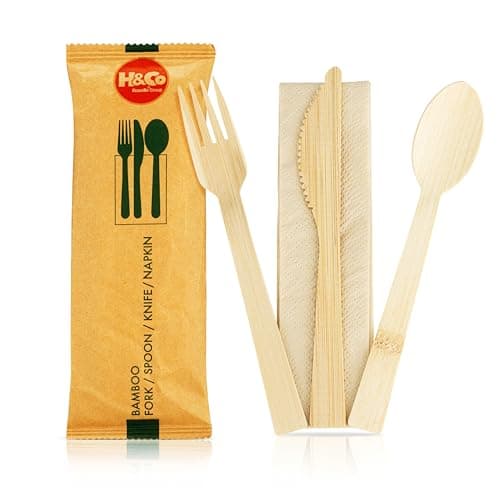 Image of H&Co Bamboo Cutlery Set | 20 Sets of Fork, Spoon, Knife, and Napkin