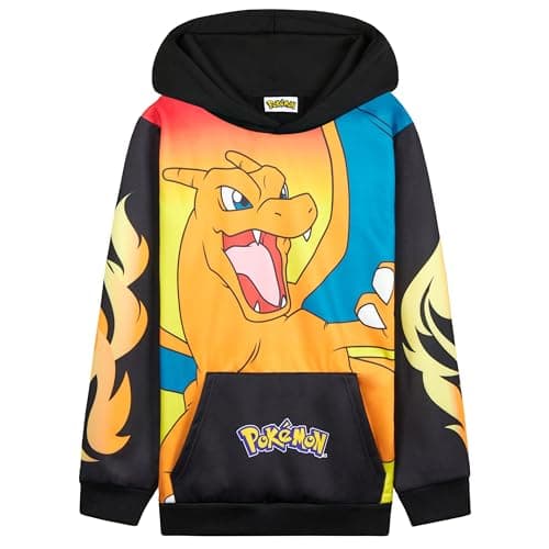 Image of Pokemon Hoodie for Boys Teens, Hooded Sweatshirt, Pikachu Eevee Pullover Casual Sports, Long Sleeve Jumper, Anime Gifts for Boys (7-8 Years, Black/Orange Charizard)