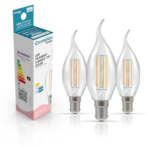 Image of Crompton Lamps Bent-Tip Candle LED Light Bulb SBC-B15d | 4.2W = 40W Equivalent | Warm White 2700K | Flame Tip | Small Bayonet Lightbulb | Long Life 10,000-Hrs | Clear Glass | Dimmable | 3-Pack