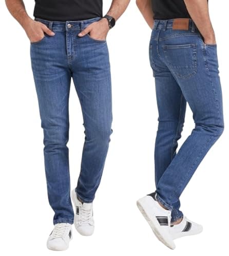 Image of Rock Rivet Mens Jeans Slim Regular Fit Denim Straight Leg Trousers Stylish Fashion Pant Jean All Waist Sizes (UK, Waist & Inseam, 32, 32, Blue)