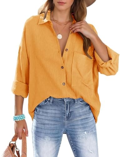Image of Xnova Womens Shirts Oversized Blouses Button Down, Collars Cotton Shirt Long Sleeve Tshirt with Pocket Business Casual V Neck Blouse Tops Loose Shacket Elegant for Ladies (Yellow, L)