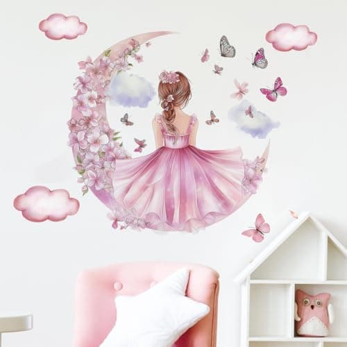 Image of Floral Fairy Wall Stickers,Girls Bedroom Wall Decals with Butterfly Flower Design MINWEGI Pink Cartoon Wall Art,Removable PVC Wall Decor for Nursery Kids Room,2-Piece Set 30x60cm