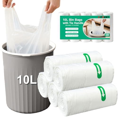Image of Small Bin Bags 10L with Tie Handle, 100 Plastic Pedal Trash Bin Can Liners, KITBEST Thick Clear Garbage Rubbish Waste Bag for Bathroom Toilet Bedroom Office Kitchen, Unscented, White (45×60cm)
