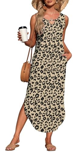 Image of AUSELILY Summer Maxi Dresses for Women UK Sleeveless Halter Loose Beach Ladies Split Dresses with Pockets Leopard S