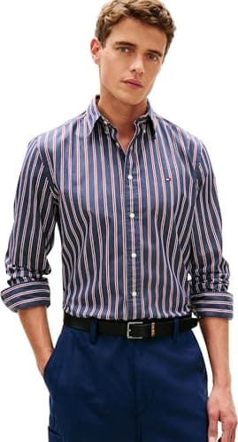 Image of Tommy Hilfiger Men's Flex Poplin Bold Stripe Rf Shirt Mw0Mw39159, Blue, L