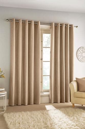 Image of Enhanced Living Savoy Natural Sand Velvet Chenille 100% Blackout Thermal Eyelet Curtains - 46 x 72 inch (117 x 183cm) - Energy Saving & Noise Reducing Curtains for Living Room & Bedroom