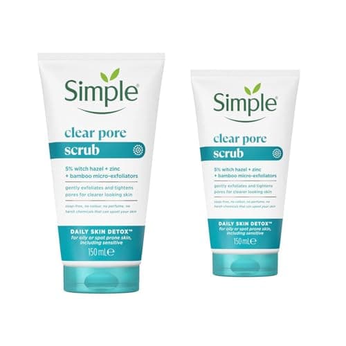 Image of Simple Daily Skin Detox Clear Pore Scrub 150ml, 2 Pack | Face Exfoliator for Oily Skin | Removes Dirt, Oil & Dead Cells | Clears Blackheads & Pores | Gentle Daily Scrub for Smoother, Clearer Skin