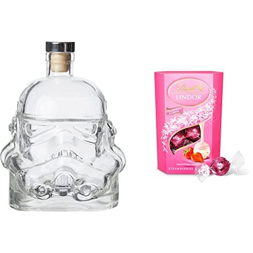 Image of Original Stormtrooper Decanter, Transparent, for Whiskey, Bourbon & Scotch, 750ml, Original Cork Seal - Thumbs Up! and Lindt Lindor Strawberries & Cream 200g