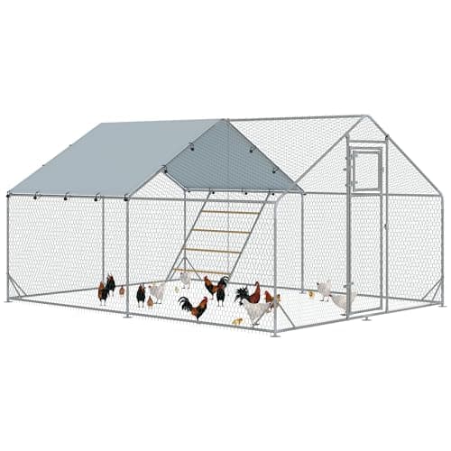Image of PawHut Walk-in Chicken Run, Galvanised Chicken Coop with Water-Resistant and UV-Resistant Cover, Feeding Door, Hanging Feeder, Perch, Hen Poultry House, for 12-18 Ducks, Rabbits, Geese