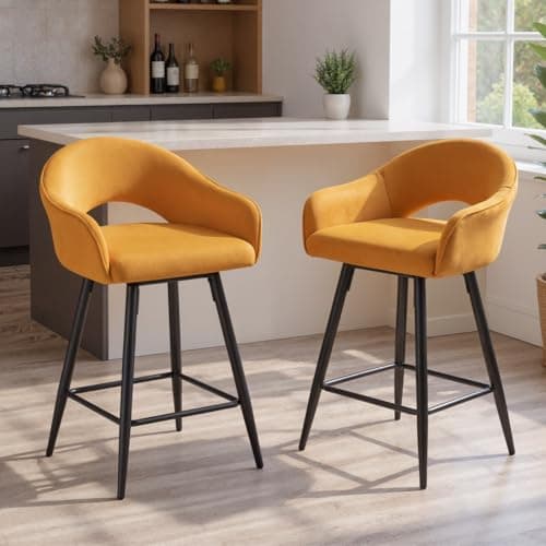 Image of Ya-Home Swivel Bar Stools Set of 2 Velvet Kitchen Stools with Metal Legs, Breakfast Counter Chair for Kitchen Island High Stool for Pub, Yellow