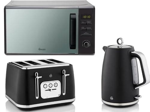 Image of Swan Serenity Black 1.7L 3KW Kettle, 4 Slice Toaster and 800W 20L Digital Microwave SM4421BLK. Contemporary Matching Kettle, Toaster and Microwave Set with a Sleek Black Finish