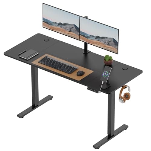 Image of VonHaus Electric Standing Desk, USB-C Charging Height Adjustable Sit Stand Desk with Anti-Collision, Height Preset Technology & Cable Management, Black Four Piece Desktop & Steel Frame, 140x60cm