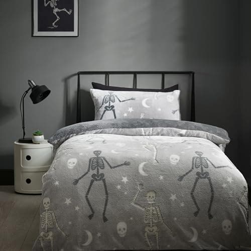 Image of Catherine Lansfield Skeleton Fleece Glow in the Dark Single Duvet Cover Set with Pillowcase Grey