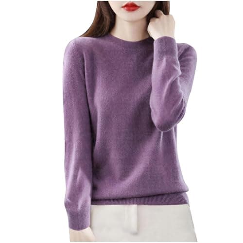 Image of AnnSemo Jumpers for Women UK Solid Colour Ladies Tops Lightweight Knitted Sweater Undershirt Long Sleeve Crew Neck Pullover Casual Soft Cosy Women's Jumpers Purple