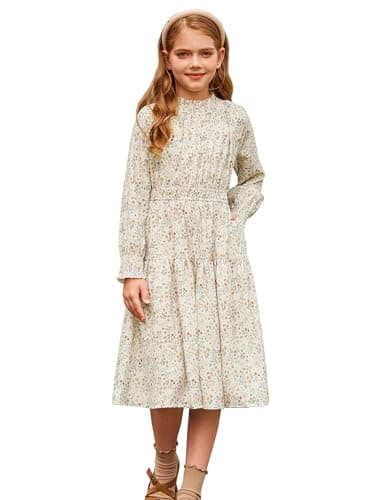 Image of GRACE KARIN Kids Girls Green Christmas Dress Long Sleeve Elegant Cute Flower Print Dress Beige 6 Years