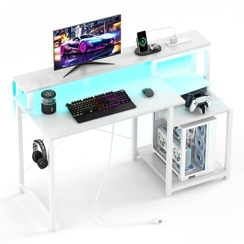 Image of CAIYUN Computer Desk with Printer Stand, 48 Inch Computer with Power Outlets & Adjustable LED, Office Desk with Monitor Stand Rise, Teen Study Working Table, White