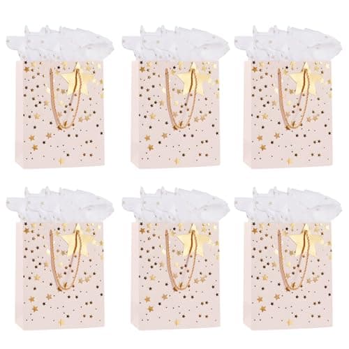 Image of 6 Pack Medium Gift Bags for Present,White Paper Bag with Handles Tissue Paper Gift Tags for Men Women Birthday Wedding Party Christmas Father's Day and Any Occation (White)