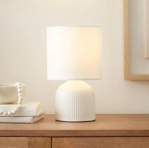 Image of RA-HOMESTORE® New Small But Elegant Ribbed Ceramic Table Lamp Bedside Table Lamp Ceramic Base and Fabric Shade (25cm) (White)
