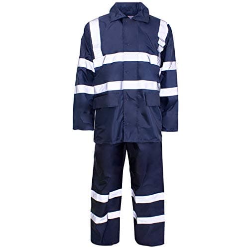Image of Hi Vis & Plain Rainsuit 2 Piece Set Waterproof Jacket & Trousers Unisex Hooded Rain Suit Workwear Lightweight PVC Rainwear Reflective Tape Outdoor Fishing Cycling Hiking Navy L