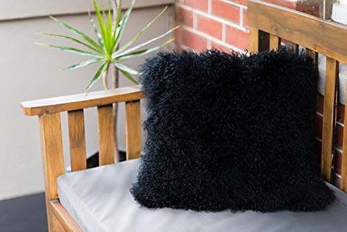 Image of Naturally Sheepskins Mongolian Cushion Cover - 40x40cm Genuine Sheepskin Fur Decorative Pillow Case with Cotton Backing & Zipper Closure (Black)