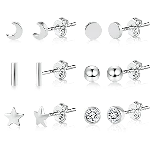 Image of Sterling Silver Stud Earrings Set, 6 Pairs Sterling Silver 925 Studs For Women Girls Kids, Multipack Small Stud Earrings, Moon Star Round Ball Mini Sleeper Cartilage Studs Jewelry Gift