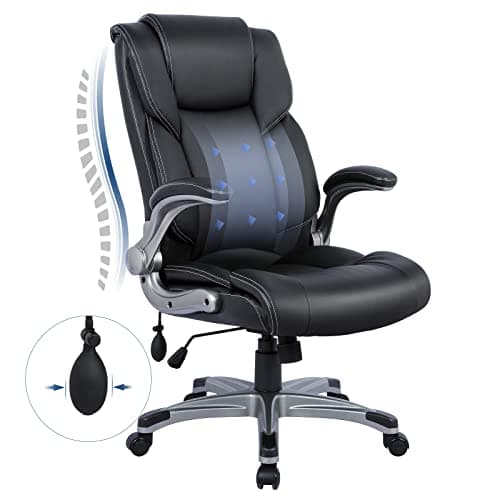 Image of COLAMY High Back Executive Office Chair- Ergonomic Home Computer Desk Leather Chair with Padded Flip-up Arms, Adjustable Tilt Lock, Swivel Rolling Chair for Adult Working Study, Black