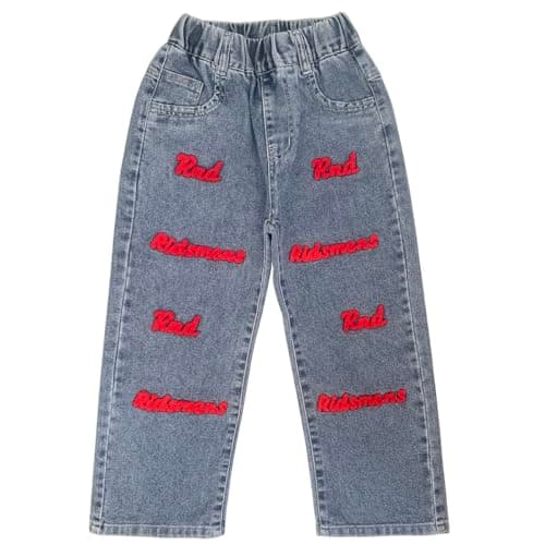 Image of Peacolate 5-9Years Spring Autumn Summer Little&Big Girls Jeans Embroidered Red Letter Denim Trousers Cowboy Pants(Red,7-8Years)