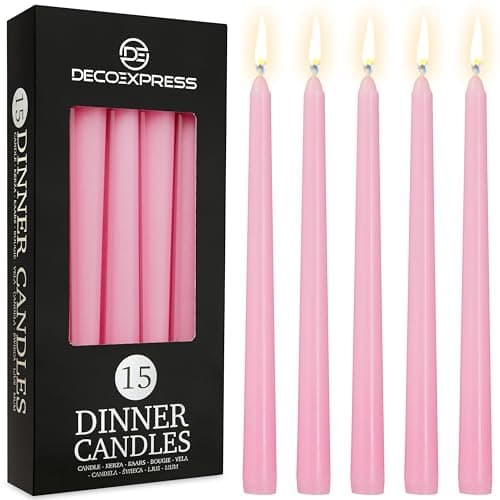 Image of DECO EXPRESS Candles Set, Pack of 15 Classic Dripless Tapered Metallic Dinner Candles, Unscented with 8 Hours Burning Time, Home, Valentine’s Day & Mother’s Day Decor Idea (Baby Pink, 15 Pack)