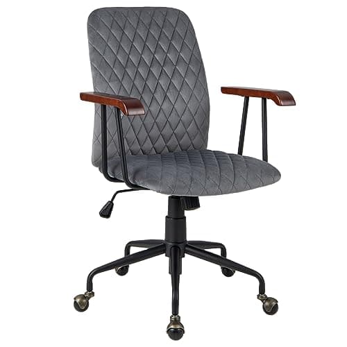 Image of COSTWAY Velvet Office Chair, Ergonomic Swivel Computer Desk Chair with Rubber Wood Armrests, Adjustable Rolling Rocking Executive Task Chairs Tufted Leisure Seat for Home Office Bedroom (Grey)