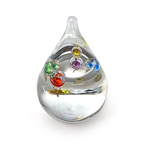 Image of TEAR DROP shaped GALILEO THERMOMETER with five floating globes | measures temperatures from 18 degrees Centigrade to 24 degrees | also in Fahrenheit | Weather station | indoor room thermometer