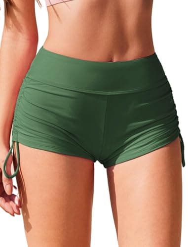 Image of Ekouaer Women Swim Shorts High Waisted Adjustable Ruched Side Tie Bikini Bottoms Swimsuit Board Boy Shorts for Ladies,Army Green,M