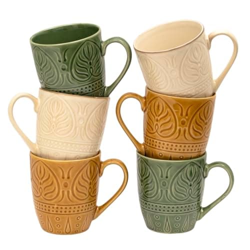 Image of Darthome Stoneware Mugs Set of 6, Embossed Botanical Leaf Pattern, Green White Mustard, 390ml Capacity, Microwave and Dishwasher Safe