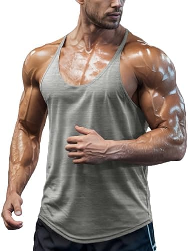 Image of Agilelin Men's Bodybuilding Stringer Tank Tops Quick Dry Workout Shirts Sleeveless Y-Back Tops（Light Grey/L）