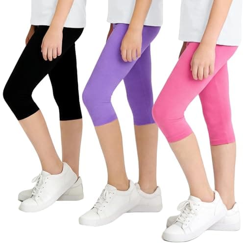 Image of JinBei Girls 3/4 Length Leggings Cotton Stretchy 3 Pack Capri Trousers Summer Breathable Comfy Pants Kids Elastic Waistband Legging Rose Black White for School Cycling Casual, 9-10 Years