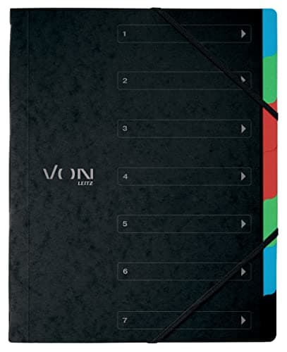 Image of VON Leitz Pack of 5 A4 Folder with 6 Compartments, Project Folder, with Tabs, Portable, Lightweight Cardboard Document Tray with Elastic Closure, Black, 30140095