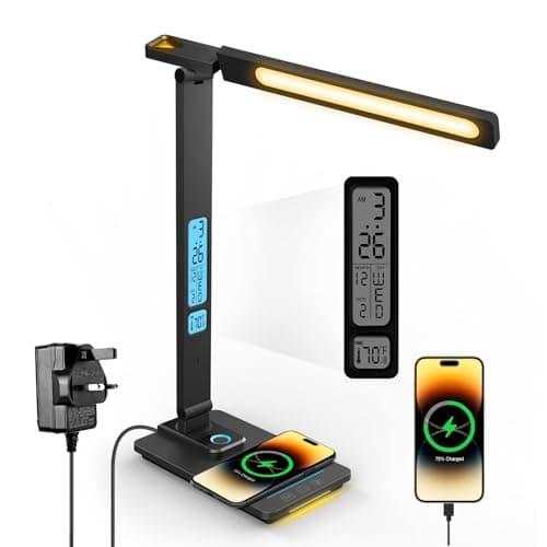 Image of LAOPAO LED Desk Lamp with Wireless Charger - USB Charging Port, Touch Sliding Dimmable Auto Timer Table Lamp with Night Light, Desk Lights with Clock for Study Reading Home Office （Black）