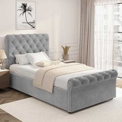 Image of Grey Velvet Upholstered Ottoman Bed, Single Bed Frame UKFR Ottoman Storage Bed with Gas Lift Side Opening Wooden Slats with Storage Bed (3ft Single 90 x 190, No Mattress)